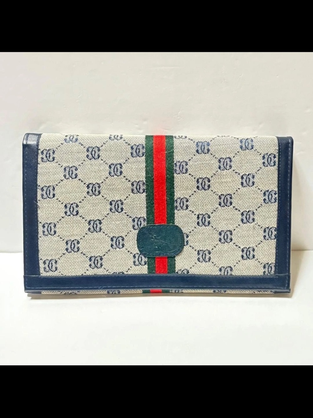 Gucci Beige Monogram Canvas Clutch with Blue Trim and Red-Green Web Stripe